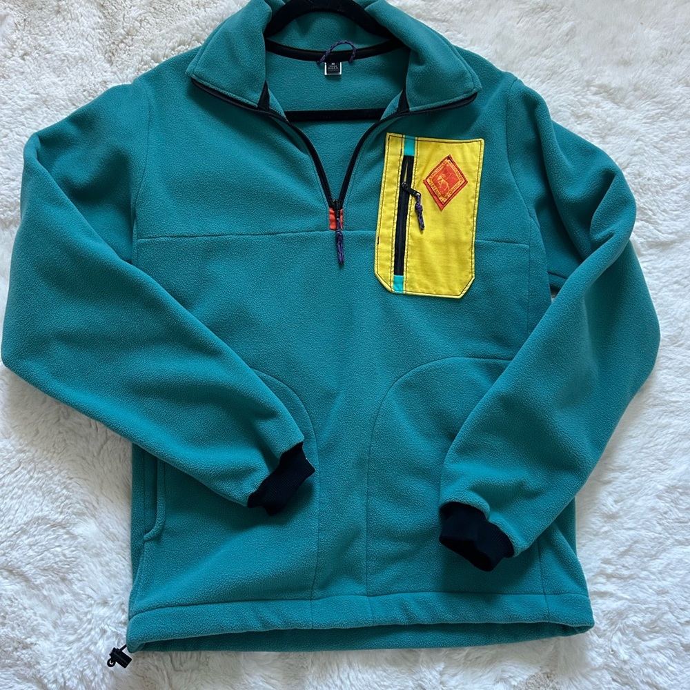 Hand-Made Teal Fleece Pullover with Yellow Pocket
